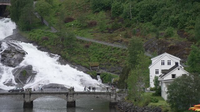 Aerial view of Hellesylt waterfall in Hellesylt, Sunnylvsfjorden, Stranda Municipality, Norway, Scandinavia, Europe