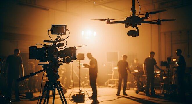 Professional film crew diligently operates advanced camera equipment, lighting, and aerial drones on a modern movie production set, capturing high-quality video content.