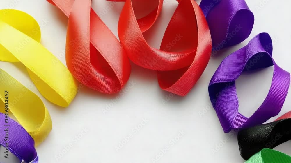 Poster a collection of colorful ribbons gathered in a circular shape on a white background