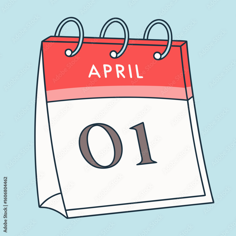 Poster a simple handdrawn illustration of a tearoff calendar page showing the date april 01, with a red hea