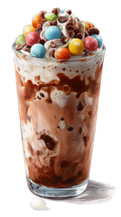 Delicious chocolate milkshake topped with colorful candies and chocolate chips.