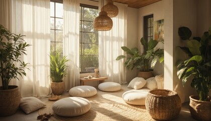 Tranquil meditation nook with round floor cushions, wicker baskets, plants. Warm sunlight streams through sheer white curtains, creating serene atmosphere for mindfulness, relaxation. Natural light,
