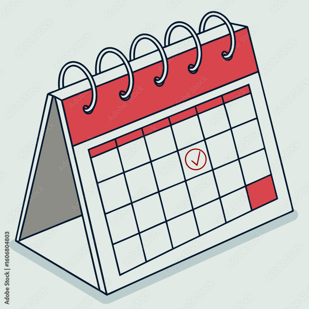 Poster a red and white desk calendar with a spiral binding is open, displaying a grid of dates with a red c