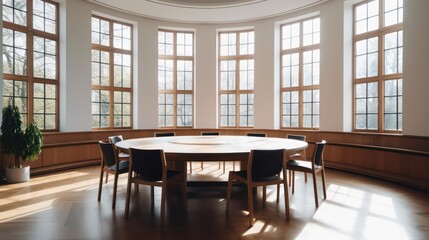 Fototapeta premium Bright conference room with a large round wooden table in a clean, modern office setting