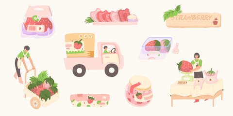 Collection of fresh strawberry product elements in flat design