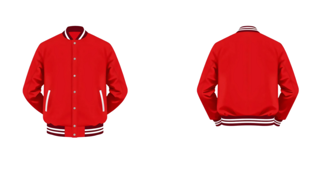 Red baseball bomber varsity jacket in front and back view, mockup isolated on transparent background