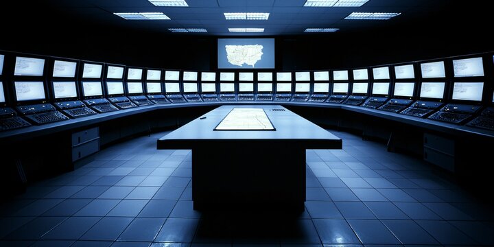 An interior view of a vast, utilitarian military bunker command center, devoid of occupants, featuring banks of unlit monitors, obsolete control panels, and a central map table.