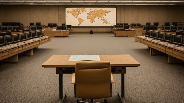An interior view of a vast, utilitarian military bunker command center, devoid of occupants, featuring banks of unlit monitors, obsolete control panels, and a central map table.