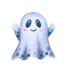 A cute ghost drawn in watercolor style. It has a friendly expression. The hand-drawn illustration is perfect for Halloween decoration.