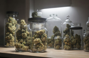 Cannabis dispensary display shelves stocked with glass jars filled with marijuana buds. Various sizes of jars showcase product. Clean, organized retail interior focused on commerce, modern legal