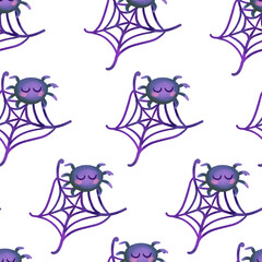 Cute seamless pattern with cute spiders for Halloween. Spiders and web on white background. Print for Halloween decoration, wallpaper, textile, packaging, fabric.
