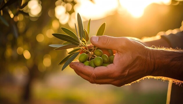 Farmer's Hands Holding Fresh Green Olives and Branches, Bountiful Harvest at Sunset, Organic Farming, Natural Produce, Mediterranean Agriculture