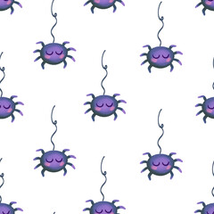 Cute seamless pattern with cute spiders for Halloween. Illustration on white background. Print for Halloween decoration, wallpaper, textile, packaging, fabric.