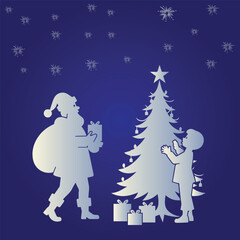 Christmas Tree Gift Moment Vector | Silhouette of Santa Claus Giving Present Beside Child Decorating a Christmas Tree Under Starry Night Sky – Ideal for Holiday Cards, Posters & Festive Designs
