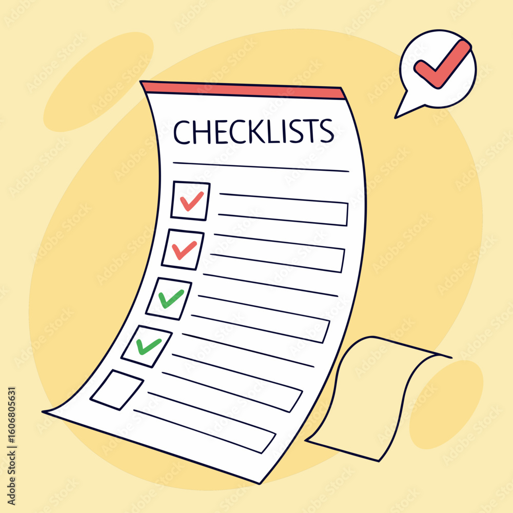 Poster a checklist document with several items marked as complete with green ticks and some incomplete with