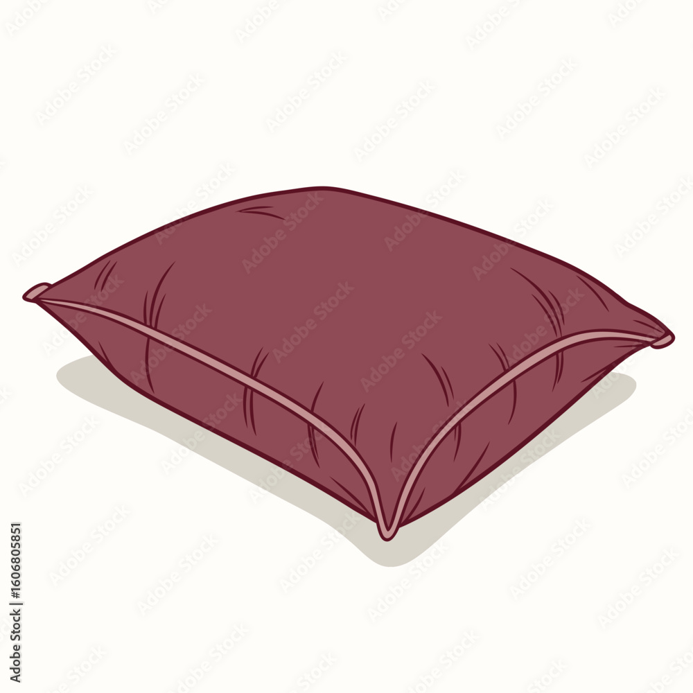 Poster a plush maroon pillow with subtle stitching and a light pink trim, casting a soft shadow on a plain 