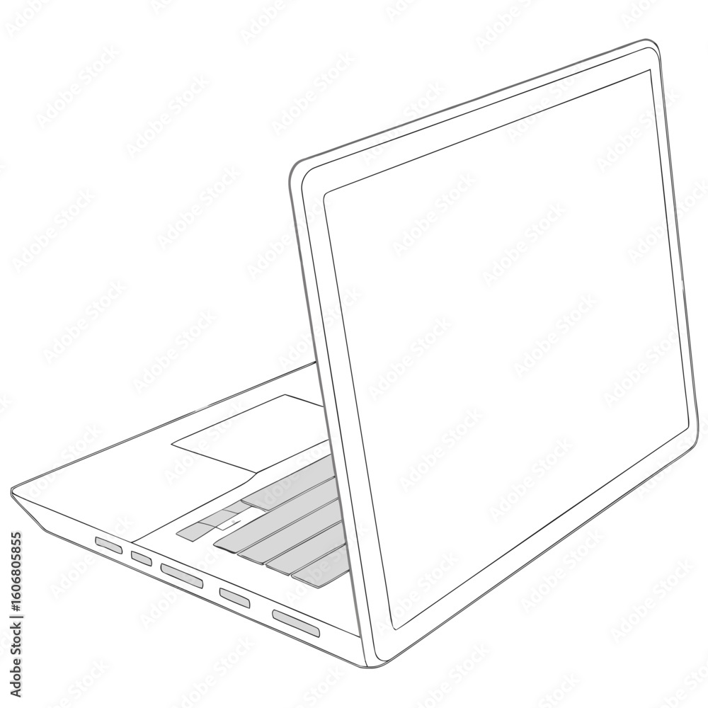 Poster a minimalist line drawing of an open laptop computer, viewed from a slightly elevated angle, showcas