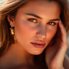 Naklejka premium Close-up of a Woman wearing elegant gold jewellery on a sunset beach