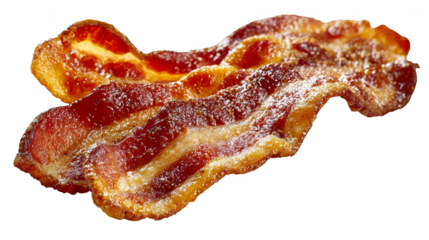 Two crispy, perfectly cooked strips of bacon are presented with their irresistible golden-brown and reddish hues.