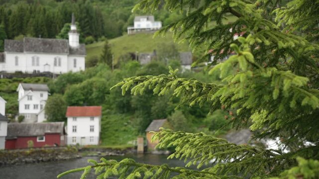 View of houses and church in Hellesylt, Sunnylvsfjorden, Stranda Municipality, Norway, Scandinavia, Europe