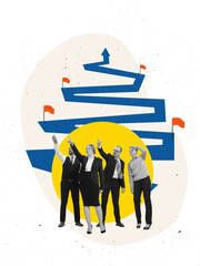 Surreal collage of business team pointing toward spiral path with goal flags and sun. Concept of...