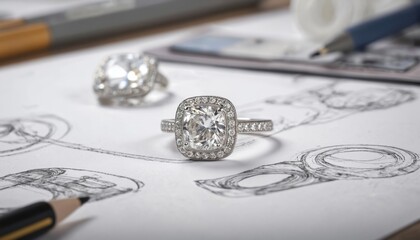 Diamond ring with sparkling gemstone rests on desk beside jewelry design sketches. Luxurious engagement ring fine craftsmanship, diamond brilliance. Perfect for proposals, weddings, love, commitment.