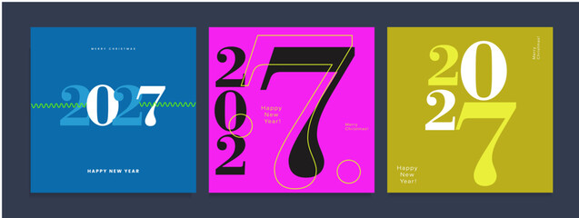Set 2027 Year. Abstract Typography Cover Happy New Year and Merry Christmas 2027. Background Numbers in the Gold, Black, Red, Blue Colors. Minimalist Art Geometric Figure.