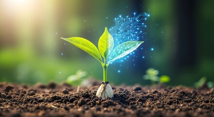 Futuristic agriculture and environmental technology concept. A young green sprout emerges from rich soil, infused with glowing blue digital data points representing innovation.