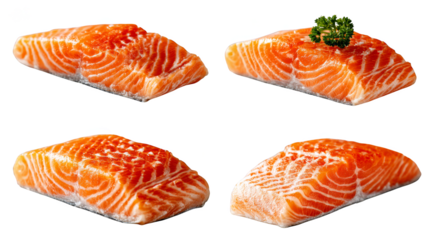 Four vibrant orange salmon fillets are presented, with one lightly seasoned with herbs, ready for cooking.