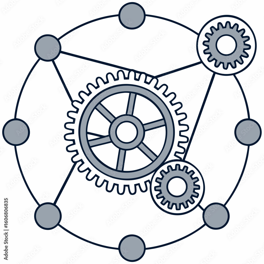 Poster a circular network of interconnected gears and nodes symbolizes a complex mechanical system or a col