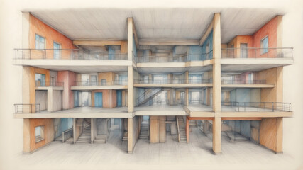 Obraz premium Cutaway, architectural model, building sections, interior design, cross-section