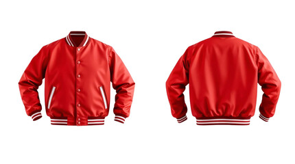 Red baseball bomber varsity jacket in front and back view, mockup isolated on transparent background