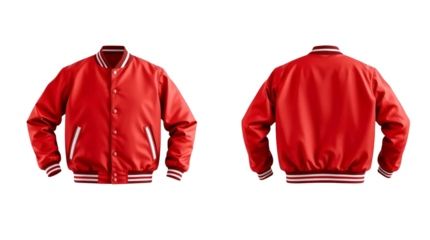 Red baseball bomber varsity jacket in front and back view, mockup isolated on transparent background