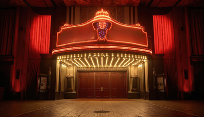 Glowing theater marquee illuminates entrance with bright yellow lights against deep red background. Vintage style sign evokes retro cinema, showtime, Las Vegas entertainment feel. Classic ornate