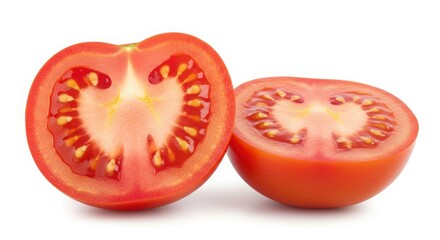 Two Halves of a Red Tomato on White Background halved