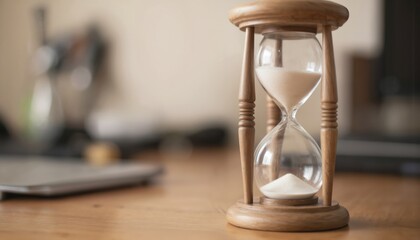 Close-up of classic wooden hourglass on desk. Fine sand flows through glass bulbs measuring time. Timer on vintage wooden stand, represents concept of time passing, deadline, or business productivity.