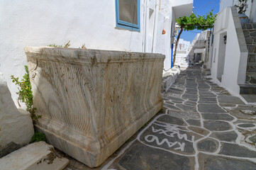 Traditional cycladic street, Alleyway in Kastro - Cliffside Village of Sifnos, Cyclades, Greece