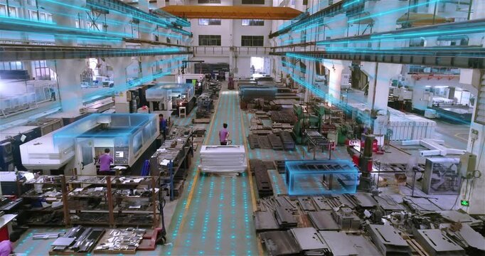 Factories And Industry concept. Machine-building plant, inside. Industrial Equipment Manufacturers in China. Working in a smart factory. Smart factory workshop. Industrial interier.