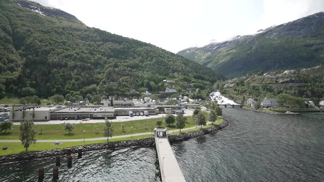 Elevated view of Hellesylt on sunny day in Hellesylt, Sunnylvsfjorden, Stranda Municipality, Norway, Scandinavia, Europe