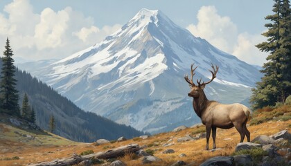 Obraz premium Majestic elk stands in mountain valley below snow-capped peak. Tall pine trees cover slopes. Golden grasses, rocks fill foreground, showing serene wilderness landscape. Clear stream winds through