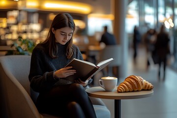 A student in a modern coffee shop, seated at a small table, reading a book with a latte and a croissant beside them. The background is softly bustling with activity.
