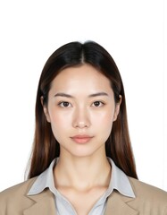 Biometric passport photo of attractive young Asian woman with natural healthy skin. Professional studio portrait features a friendly, confident expression against a clean white background.