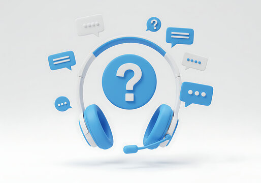 Blue headset with a microphone surrounds a central question mark, symbolizing customer support, Q&A, and communication.