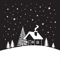 Winter Cabin in Starry Night Vector | Silhouette of Cozy House with Smoke, Pine Trees, and Snowy Landscape Under a Christmas Sky – Perfect for Holiday Cards, Posters & Seasonal Designs.