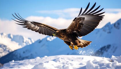 Obraz premium Golden Eagle Soaring, Snowy Mountains - Wildlife Photography