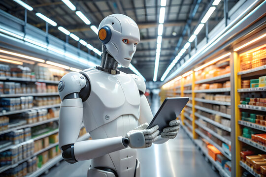 A humanoid robot with a tablet walks through a brightly lit supermarket aisle, examining shelves of products