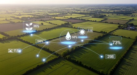 Innovative Smart Farming Solutions with Digital Overlays on Green Agricultural Fields Showcasing Data-Driven Precision Management for Enhanced Crop Yield and Sustainable Future.