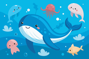Cute cartoon whale and ocean friends swimming together in blue water isolated on white background silhouette