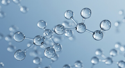 A 3D rendered image of transparent molecular structures connected by rods, floating against a soft blue gradient background.