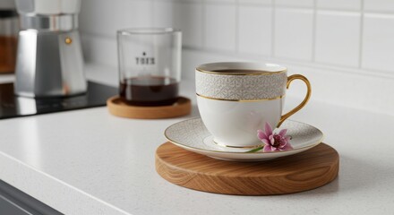 Obraz premium White coffee cup with gold trim and pink flower saucer